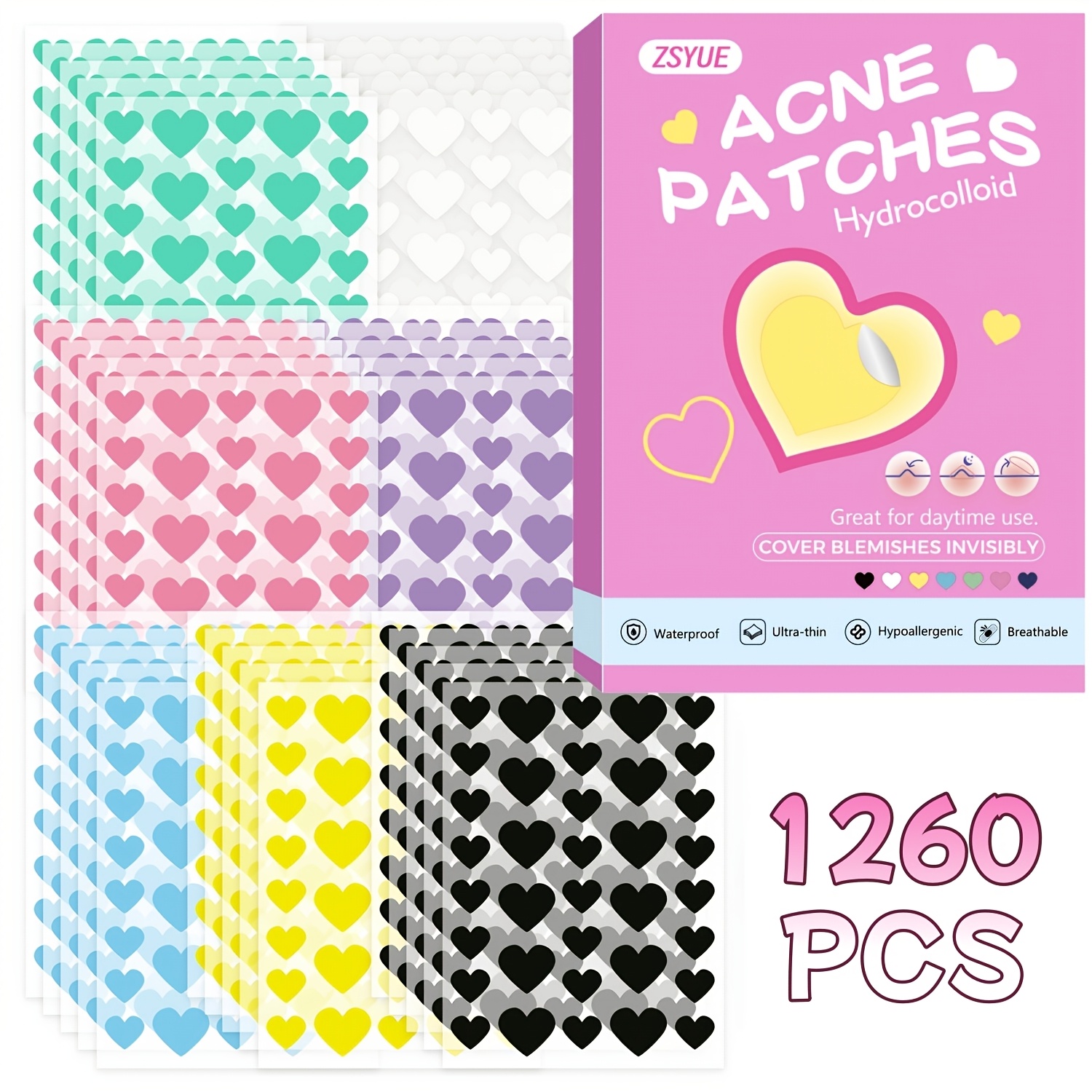 1260pcs Heart-Shaped Hydrocolloid Patches for Face Care