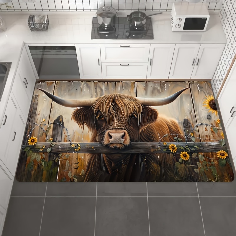 highland cow sunflower kitchen rugs set washable rectangle polyester mats with pvc backing for laundry room bathroom   room bedroom non slip easy   decor floor mats