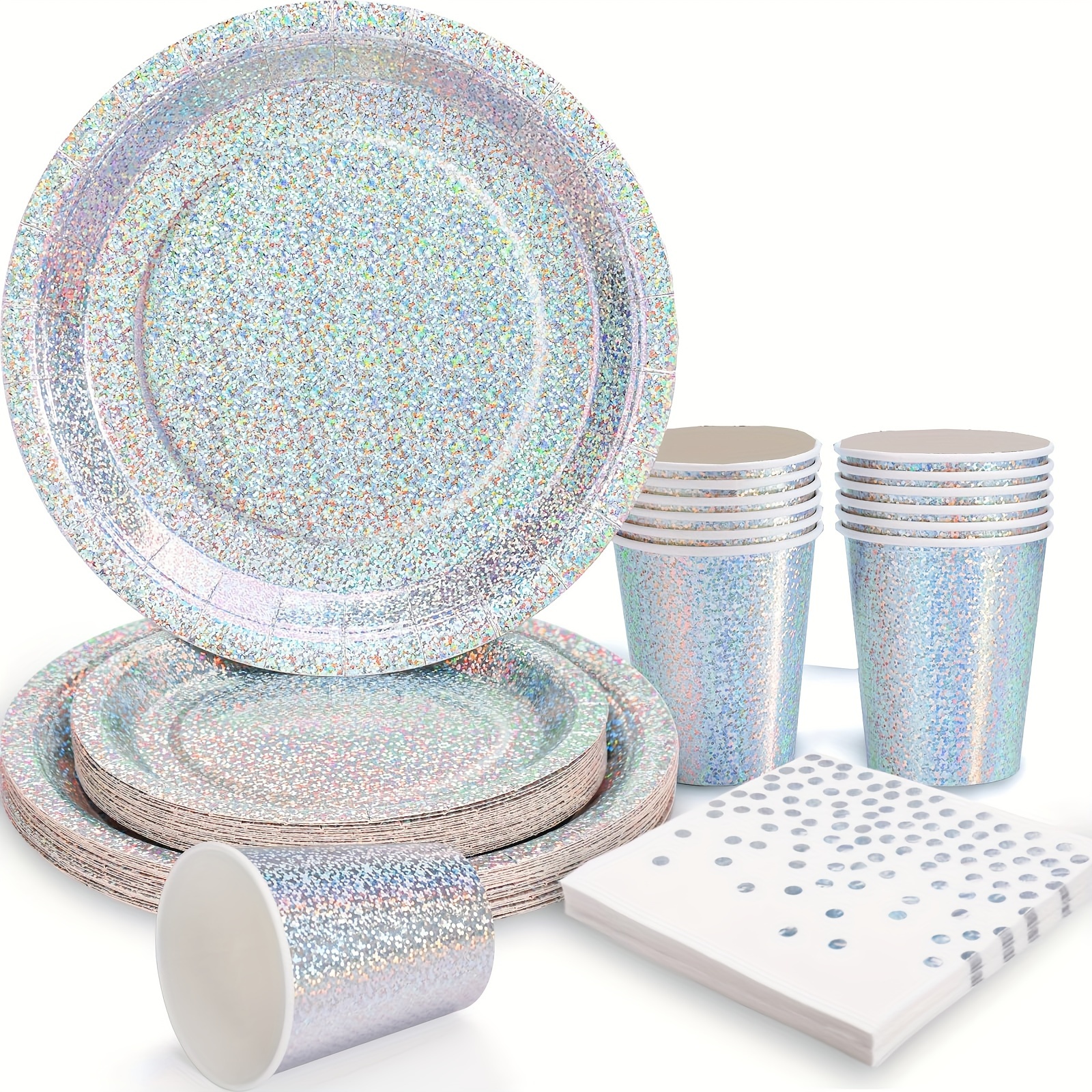 

40pcs Iridescent Plates Party Supplies, Iridescent Party Decorations Includes Holographic Plates, Silvery Dot Napkins And Silverware Set For Disco Music 90s Birthday Party Decorations