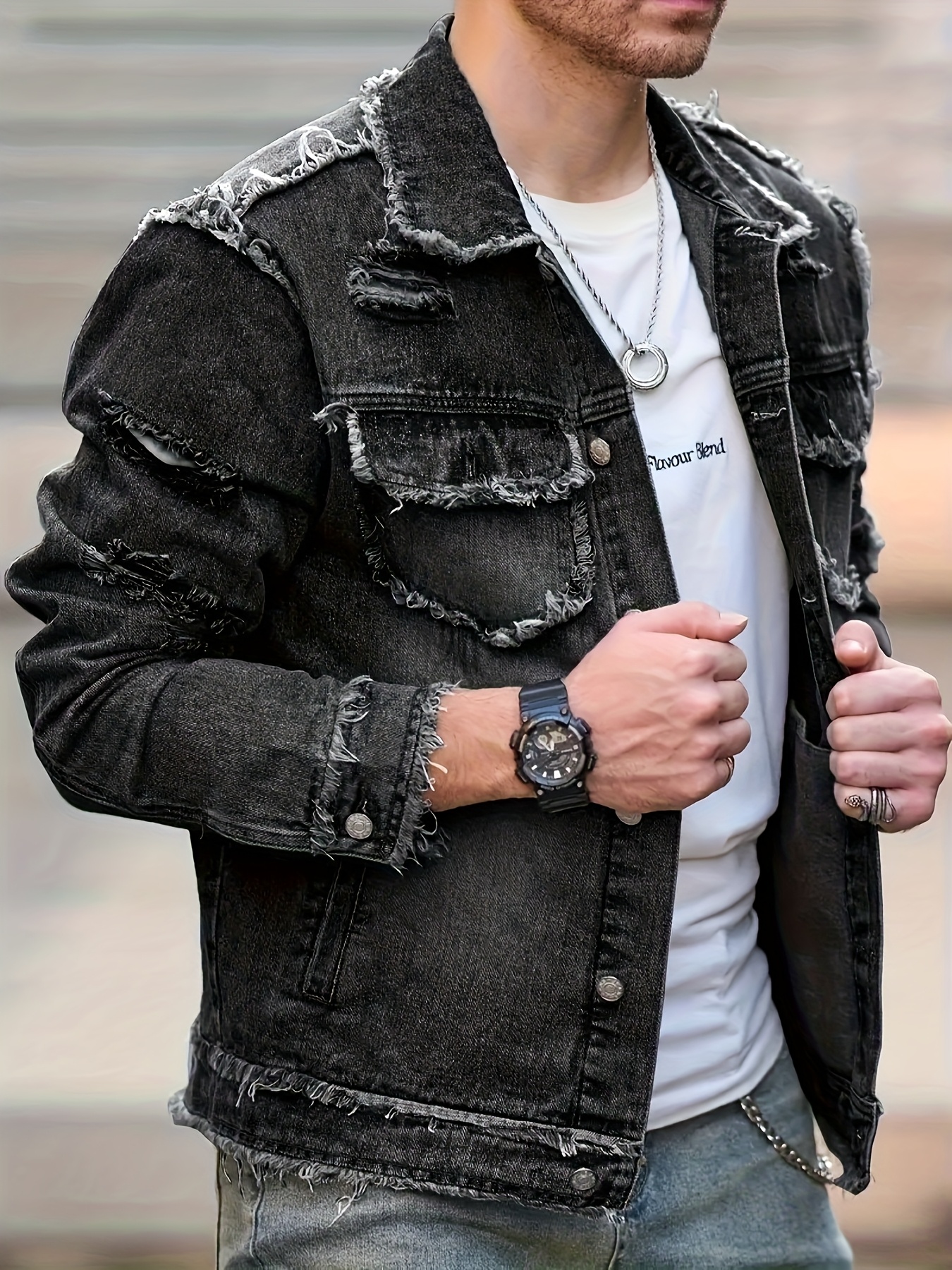 [HME] American Casual Men's Denim Jacket, Non-elastic And Well-fitting, Cool And Slimming, Retro Washed And Versatile Black And Gray, Fashionable Tassel Design Street Style, Open Front Single-row Buttons, Trendy And Versatile Denim Jacket