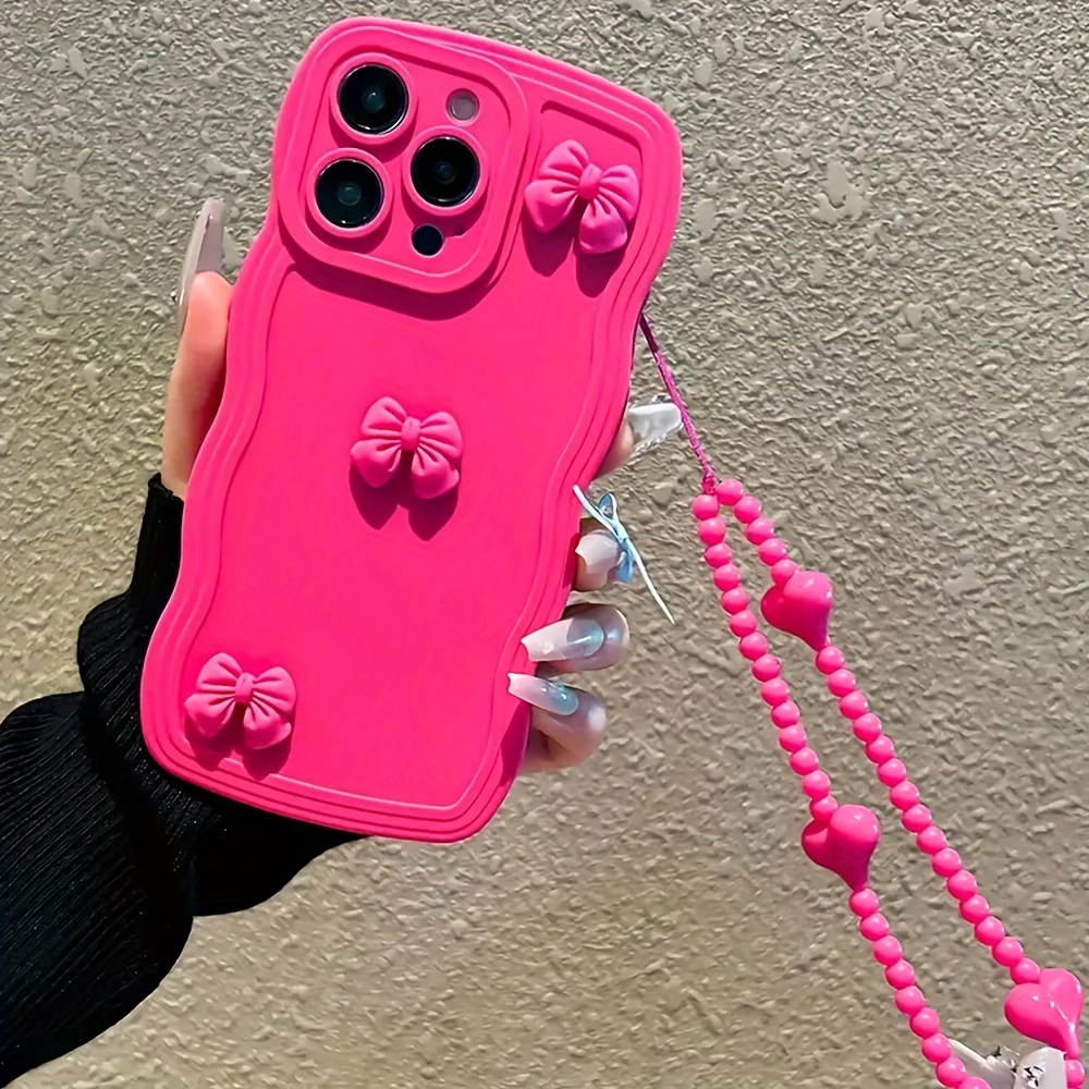 

Pink Silicone Case With 3d Bow Design And Girly Heart Lanyard, Creative Full Protection Bumper Cover For 13/12/14 Pro Max Series - Cute And Durable Anti-shock Phone Case