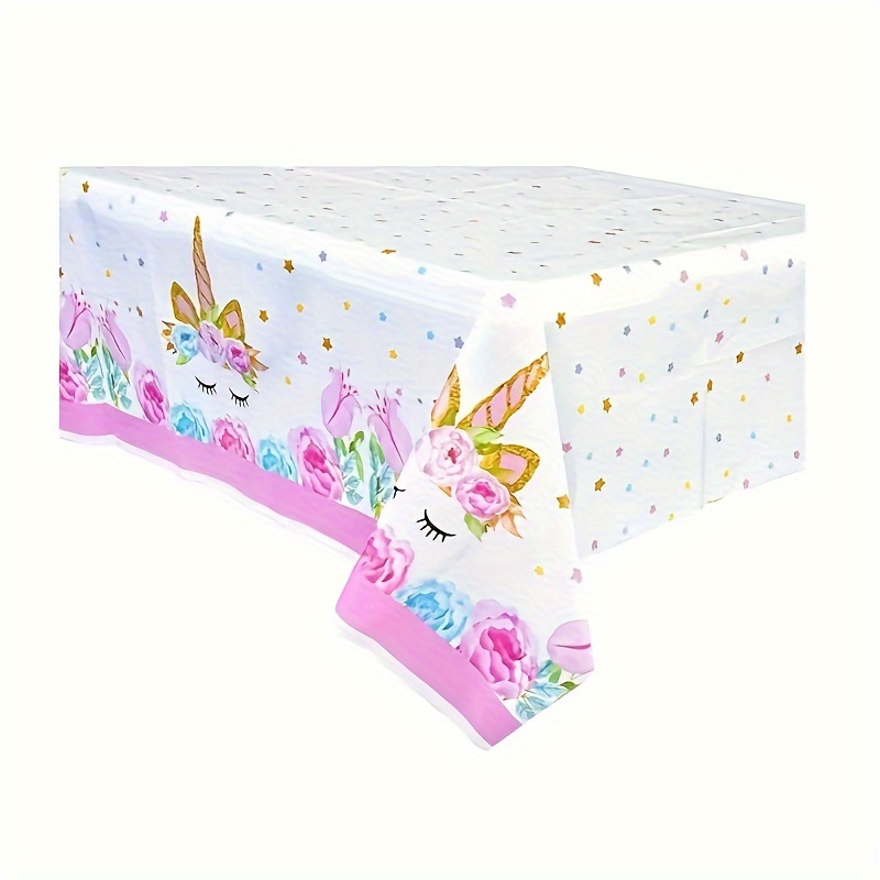 1pc unicorn floral tablecloth disposable rectangular plastic table cover with sparkling details     birthday parties furniture   birthday party supplie
