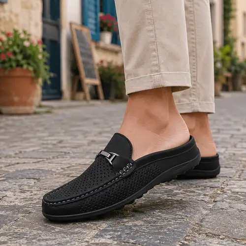 mens backless dress shoes Amazon.com | ELANROMAN Men's Backless Loafers Black Genuine Leather Mules Horse Buckle Slippers Shoes US 7