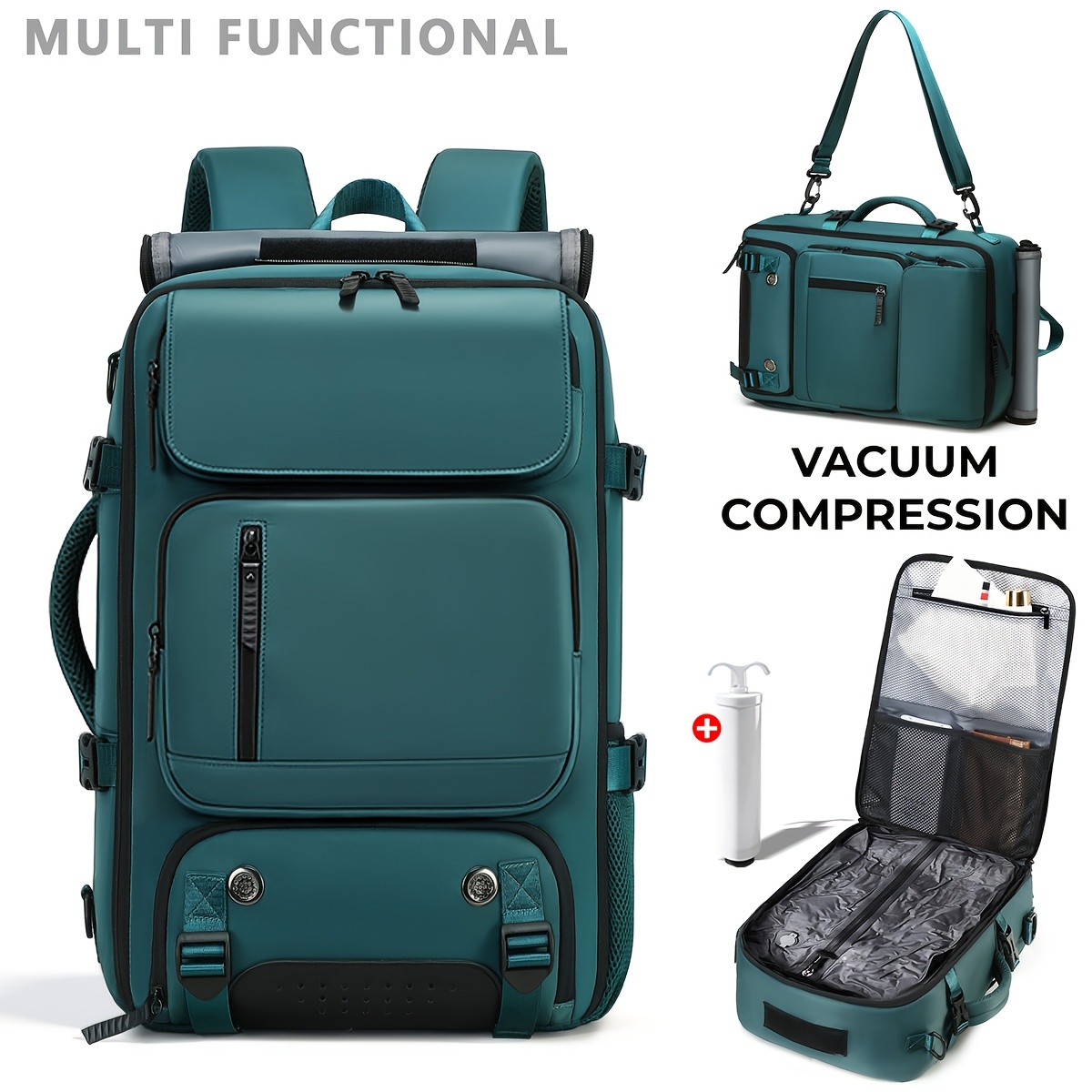 Business Men'S Vacuum Compression Backpack | Multi-functional Shoulder/Handbag, Laptop Compartment, Includes Pump, Ideal for Camping, Hiking, Daily Commute, Foldable, Lightweight, Peacock