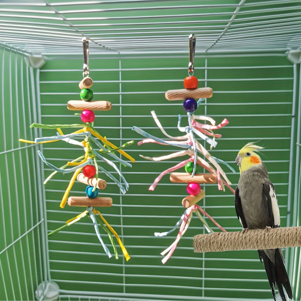 

2pcs Colorful Bird Toy, Hanging Wooden Dog Gnawing Stick With Beads Decor And Shredding String, Birdcage Foraging Toy