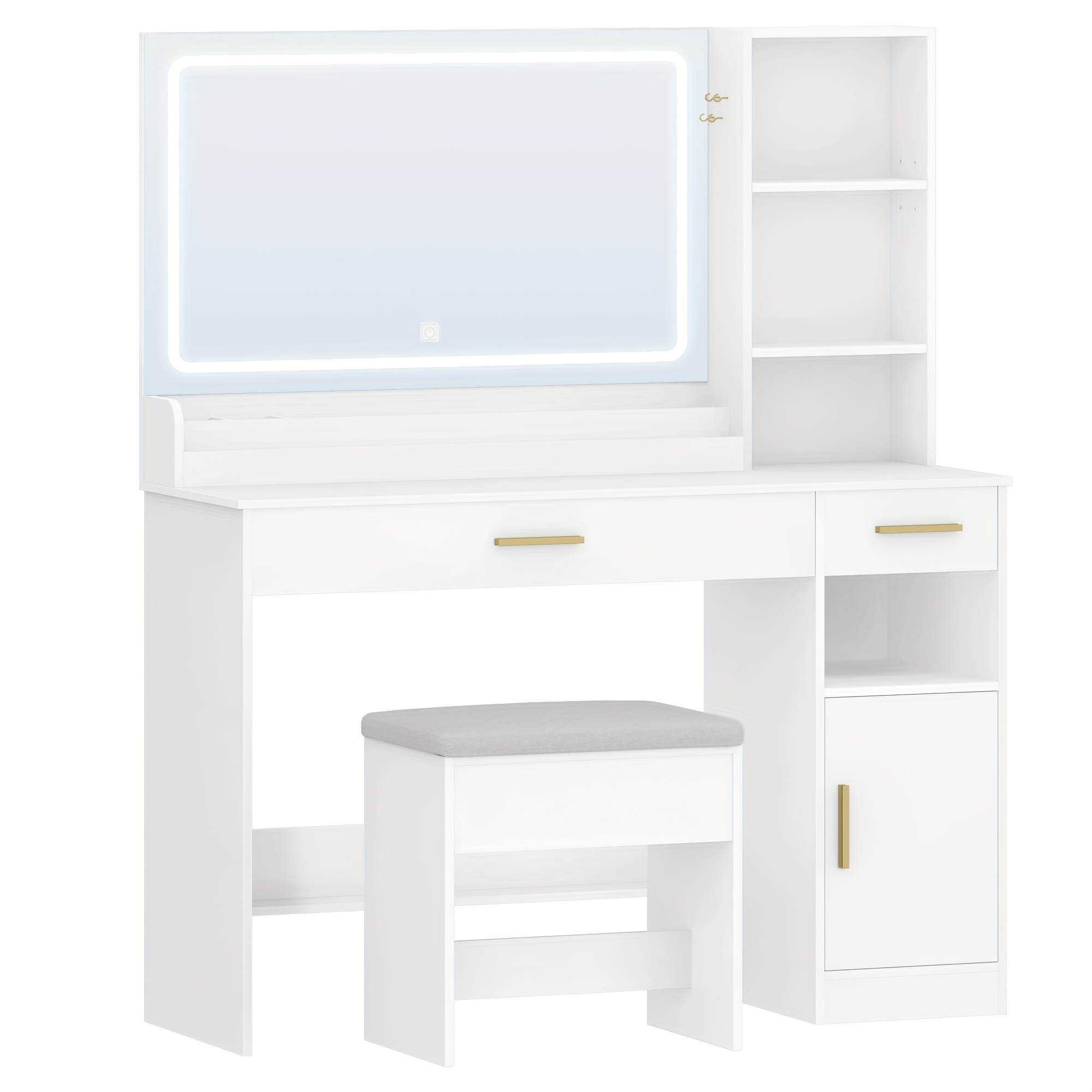 Vanity Table With Stool, Large Vanity Table With Drawers, Large Mirror, Vanity Table With 2 Drawers, 4 Open Compartments And Cabinets, Suitable For Bedroom And White