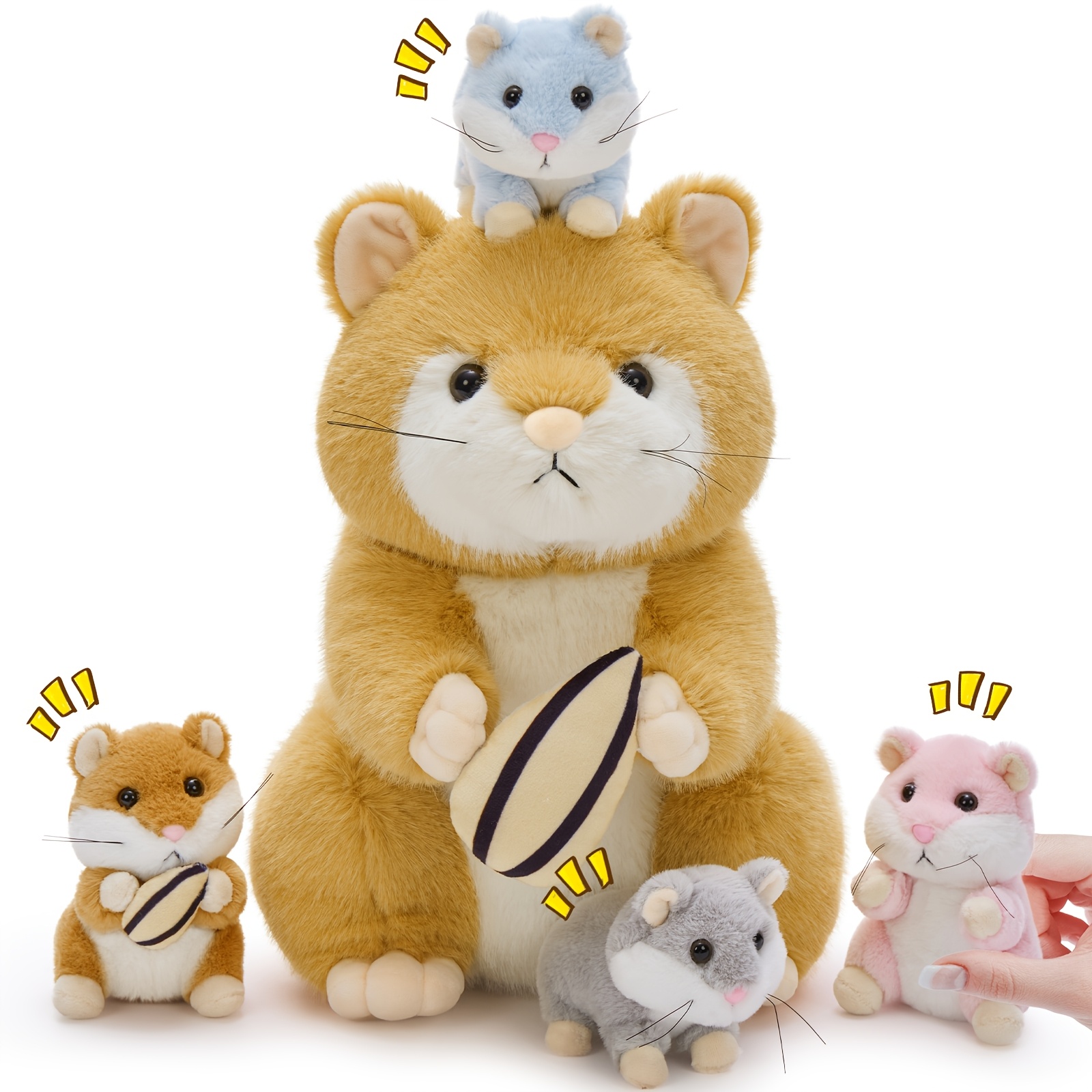 Image of Morismos Realistic Hamster Stuffed Animal With 4 Surprise Squeaky Babies - 12.6" Mama Plush Hamster Toy For Kids Girls Boys Birthday Christmas, Educational Family Role Play Gift For Birthday Christmas