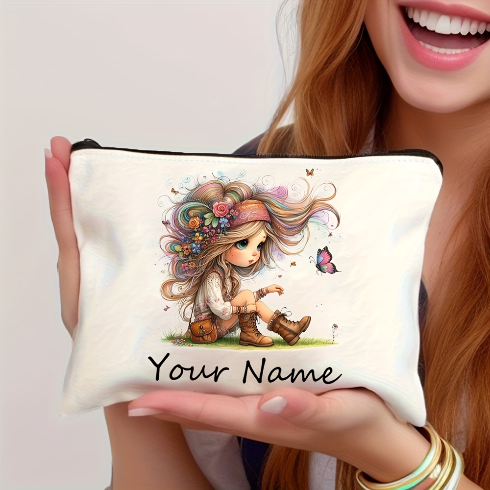 E-shop Retro Mädchen Kosmetiktasche mit personalisiertem Namen, süßer Schmetterling, vollständig bedruckt, inspirierendes Design mit Motivationszitat -