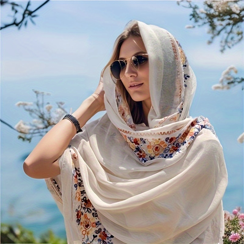 

Embroidered Flower Scarf Thin Breathable Cotton Linen Shawl Boho Style Windproof Sunscreen Wrap For Women