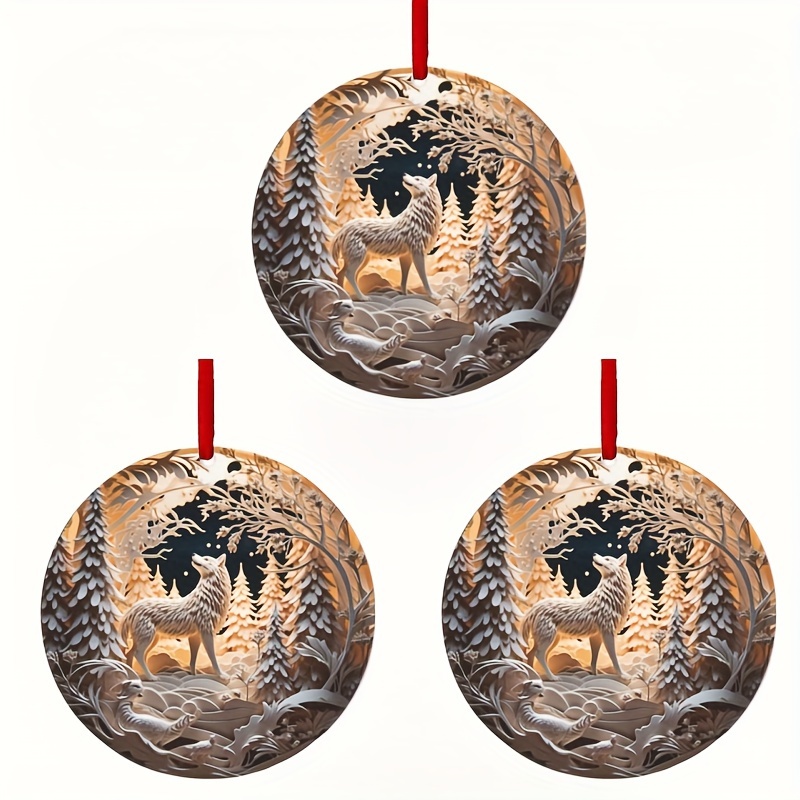 

Set Of 3 Wooden Wolf In Christmas Ornaments, Decorations, Red Hanging , For , , , And Decor