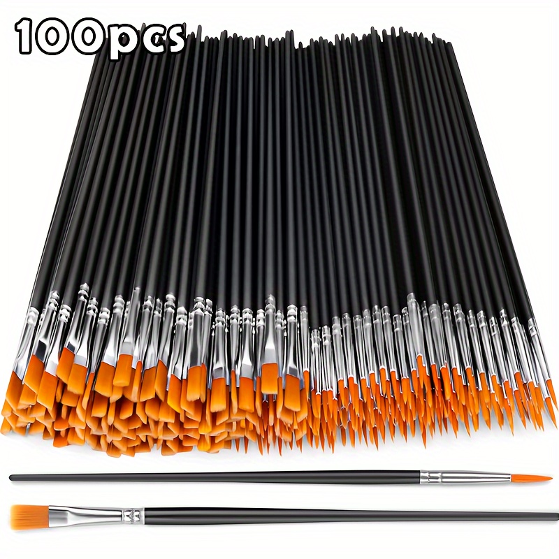 TEMU 100pcs Nylon Hair Paint Brushes Flat And Round Tip Acrylic Paint Brushes For Oil Painting Watercolor Kit Craft Paint Brushes For Acrylic, Oil