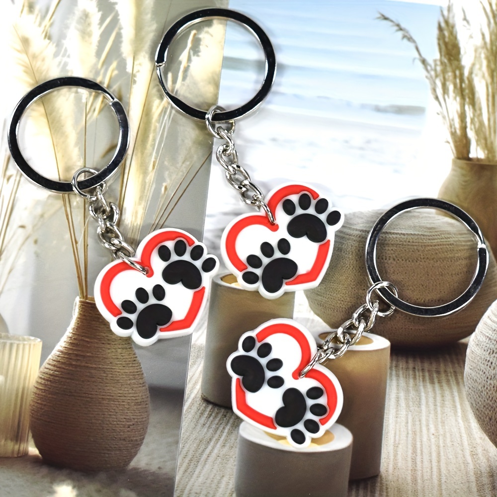 

3 Pieces Pvc Heart-shaped Pet Paw Print Keychains - Perfect For Birthday Gifts And Party Supplies