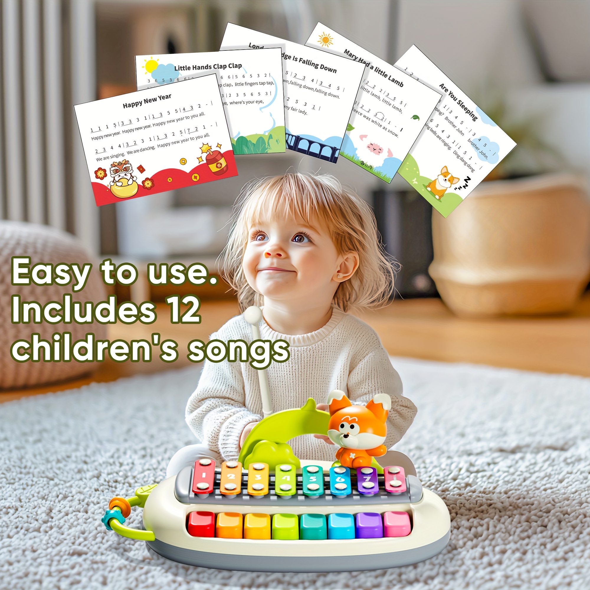 toddler piano xylophone 2 in 1 musical instrument toy with 8 colorful keys red orange purple yellow pink toy with mallet birthday gift for boys girls safe rounded edges 1 years old early childhood education design sturdy construction preschool children Product details 2
