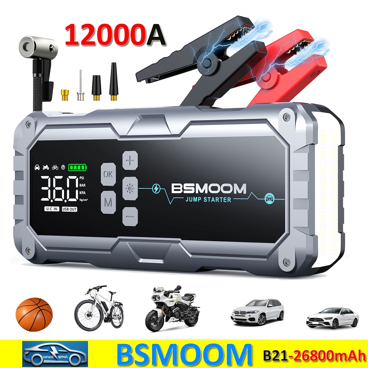 Car Jump Starter With Air Compressor Cordless Tire Inflator, Battery Booster With 21800mah/ 26800mah Power Bank Pack & Led Flashlights, 12v Auto Jumper Gas Or 10.0l Vehicles