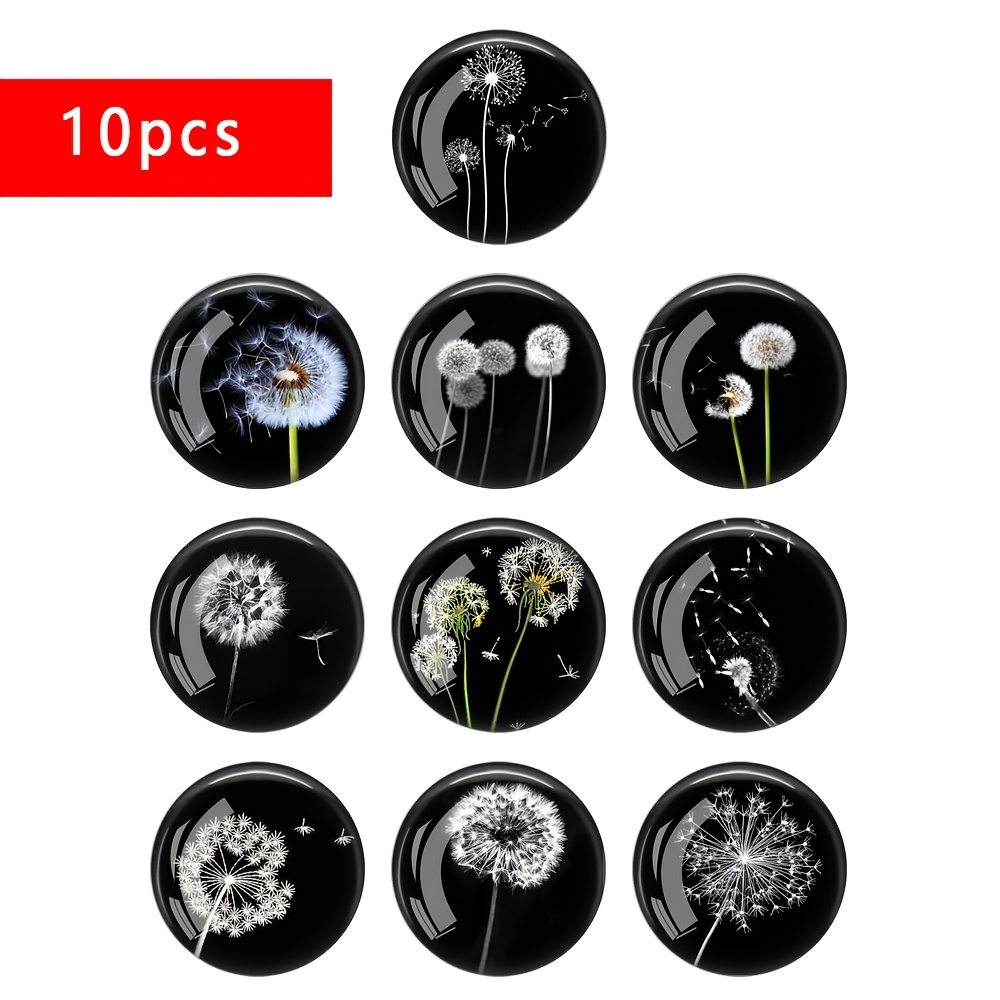 E-shop Set mit 10 handgefertigten runden Glas-Cabochons mit verschiedenen Größen von weißer Löwenzahn-Kunst, für die Herstellung einzigartiger