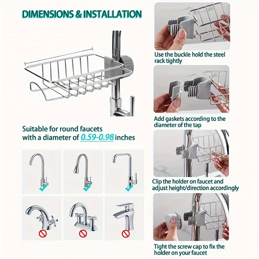 1pc adjustable stainless steel kitchen sink caddy organizer with drainage faucet sponge holder towel rack and multi function storage for kitchen accessories details 1