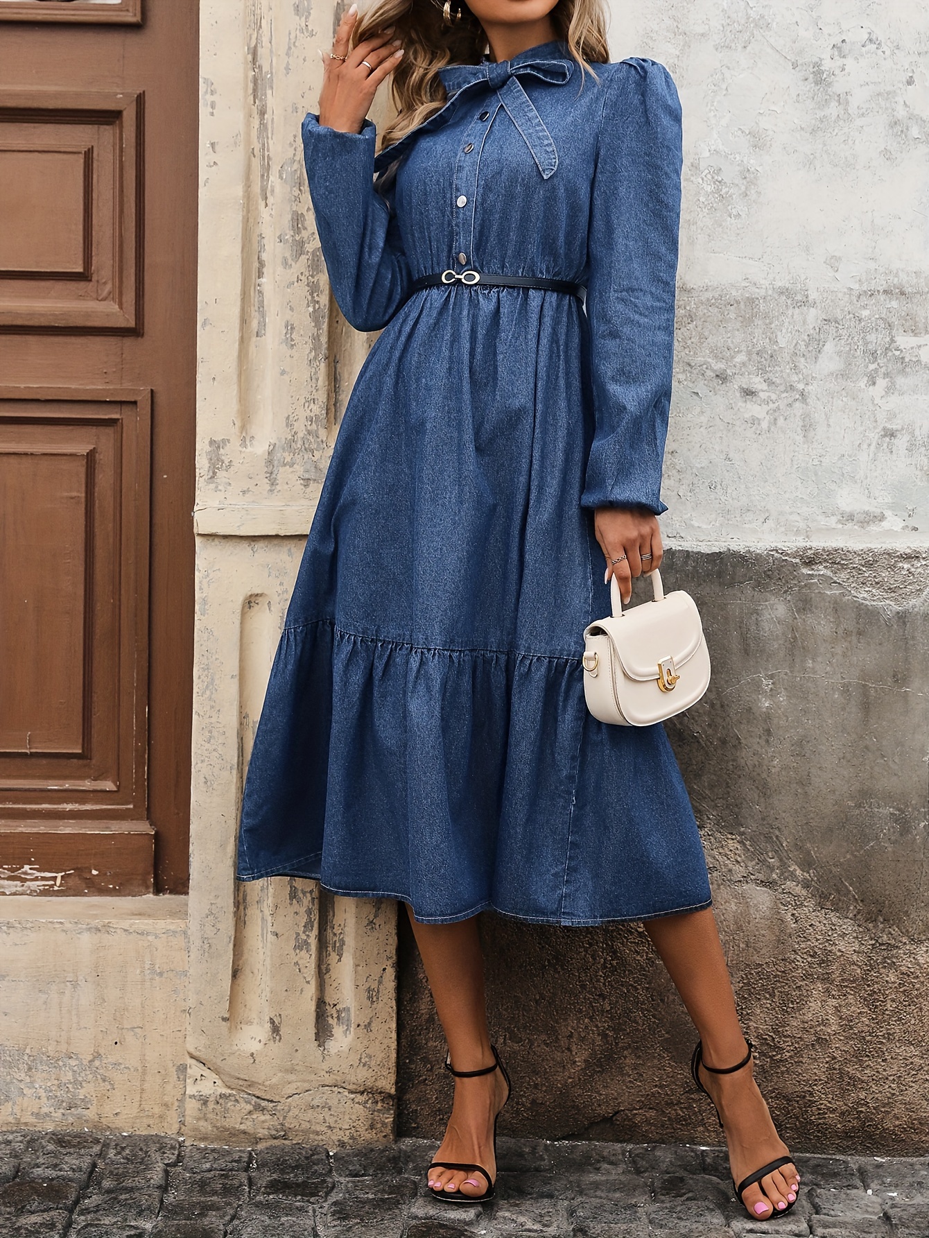 Robe En Jean Longue Élégante Femme Nœud Papillon Boutonnage - Temu Morocco