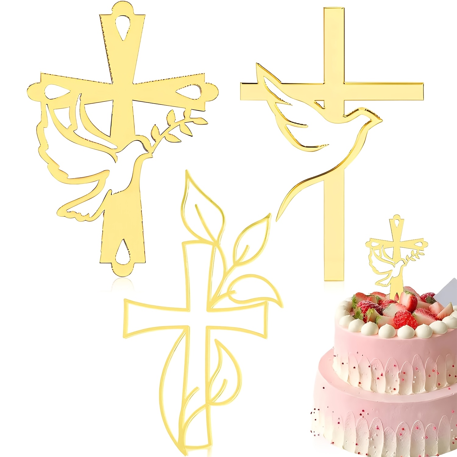 Image of 3pcs Acrylic Peace Cross Cake Toppers, Golden Religious Cake Decorations For Baptism, Christening, First Communion, Baby Shower, Birthday Party Supplies
