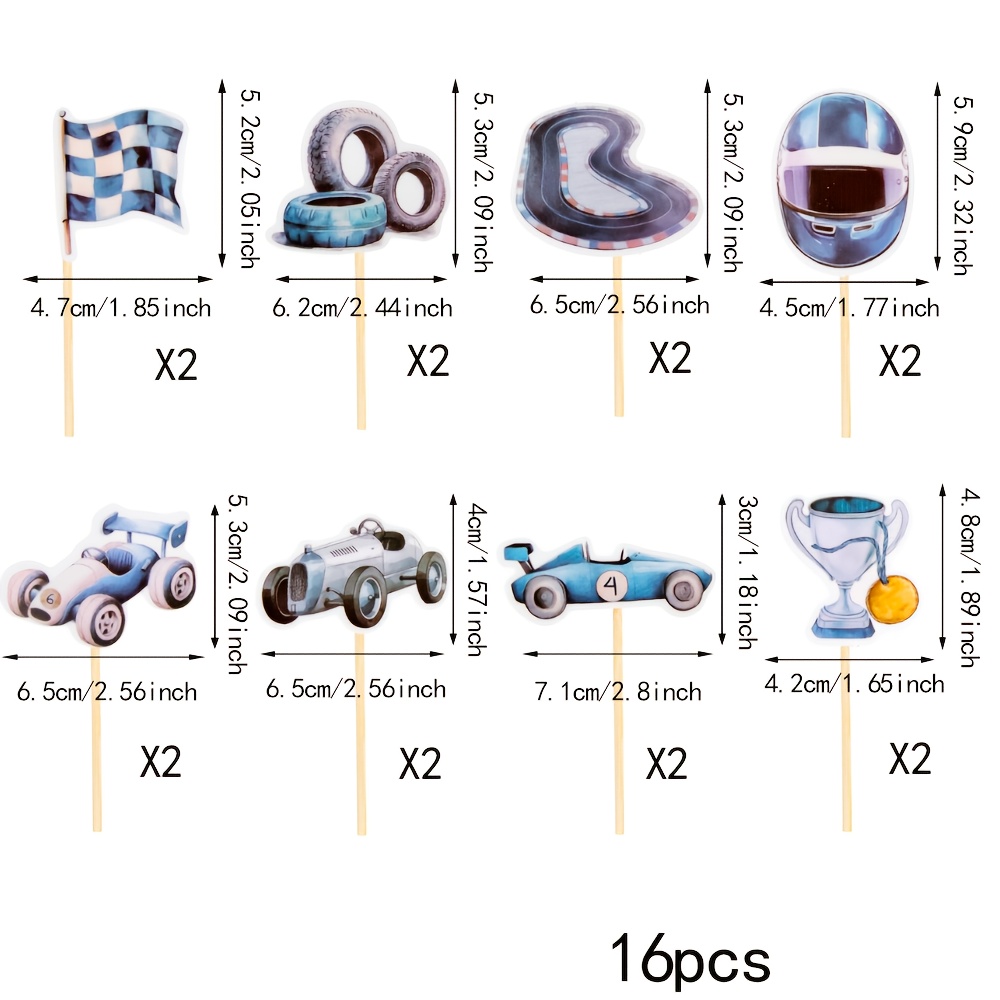 16-pack Car Cupcake Toppers Featuring Steering Wheels, Trophy Flags, Helmets, And Decorations For A Racing-themed Birthday Party