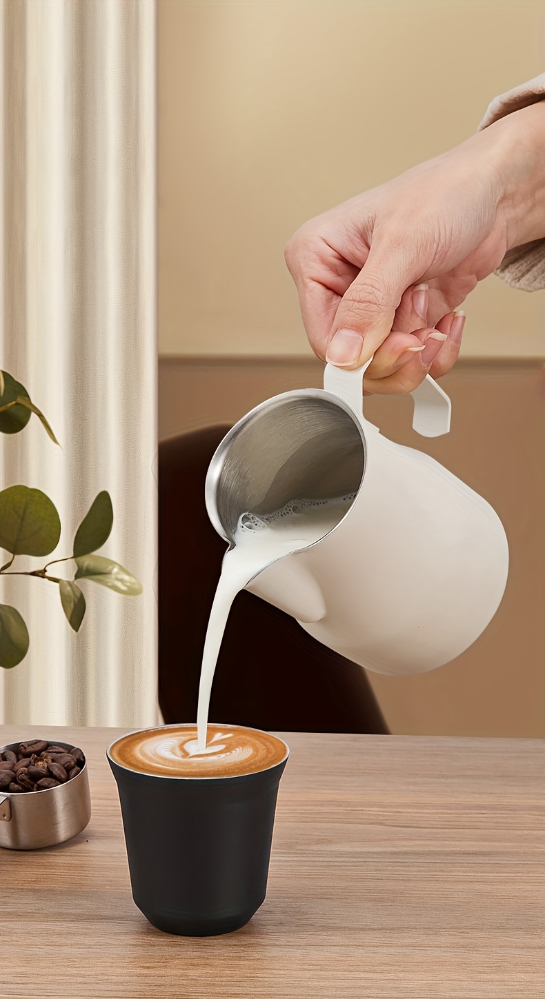 1pc   art cup latte art cylinder latte art tool made of 304 stainless steel milk jug milk frothing cup with pointed spout milk frothing canister white 480ml 700ml milk frothing canister black 304 steel latte art cup white details 0