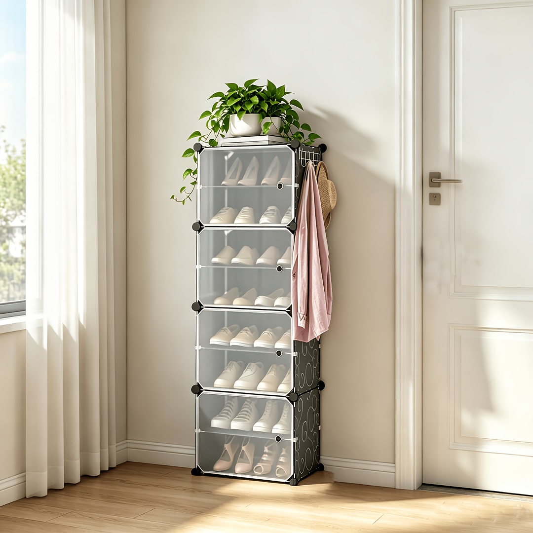 8 Layer Shoe Rack, 16 Pairs Shoe Storage Rack, Plastic Cubes With Hooks, Easy To Assemble For Hallway, Bedroom, Entryway