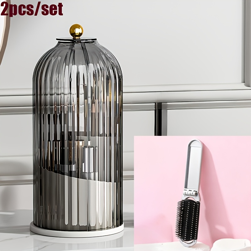 Luxurious Makeup Organizer | Vertical Striped Glass With Golden Finish, Countertop Storage For Brushes And Lipsticks, Dust And Moisture Proof, Elevates Vanity Style