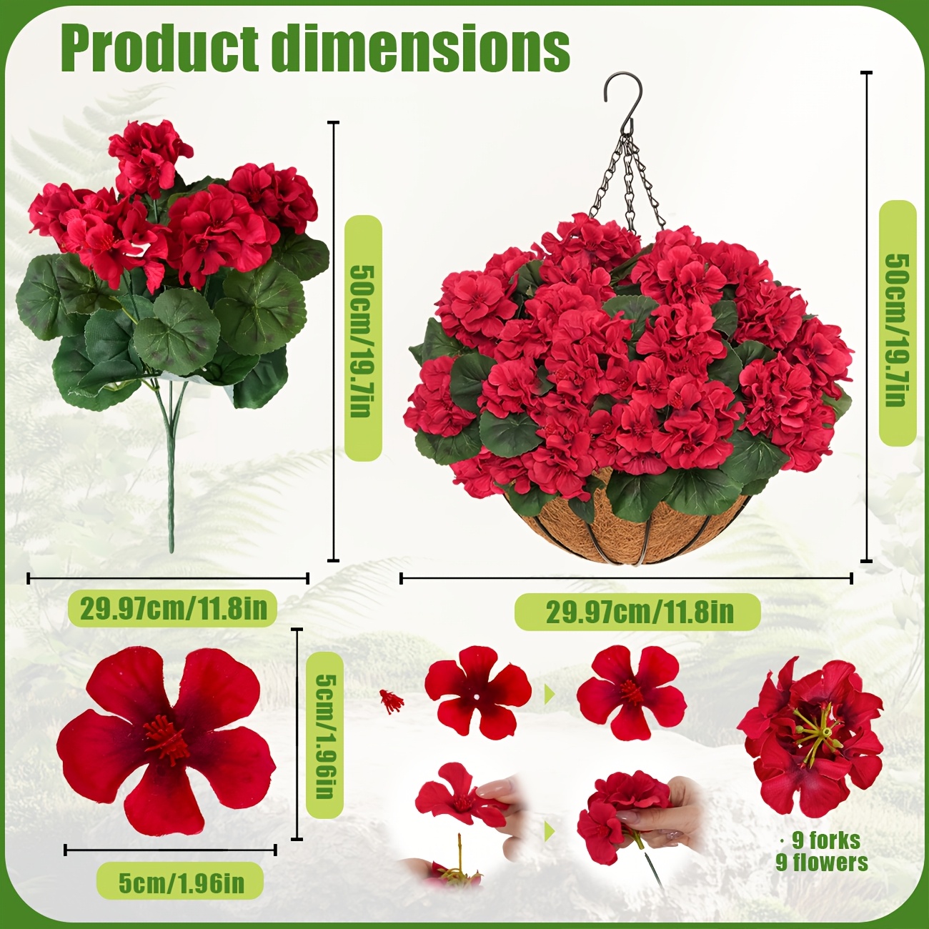 2 Sets Artificial Red Geraniums Flowers for with Hanging Baskets, 2 Hanging Planters with 12pcs Red Geranium Flowers for Christmas Front Yard Garden Patio Home Decor (2, Red)