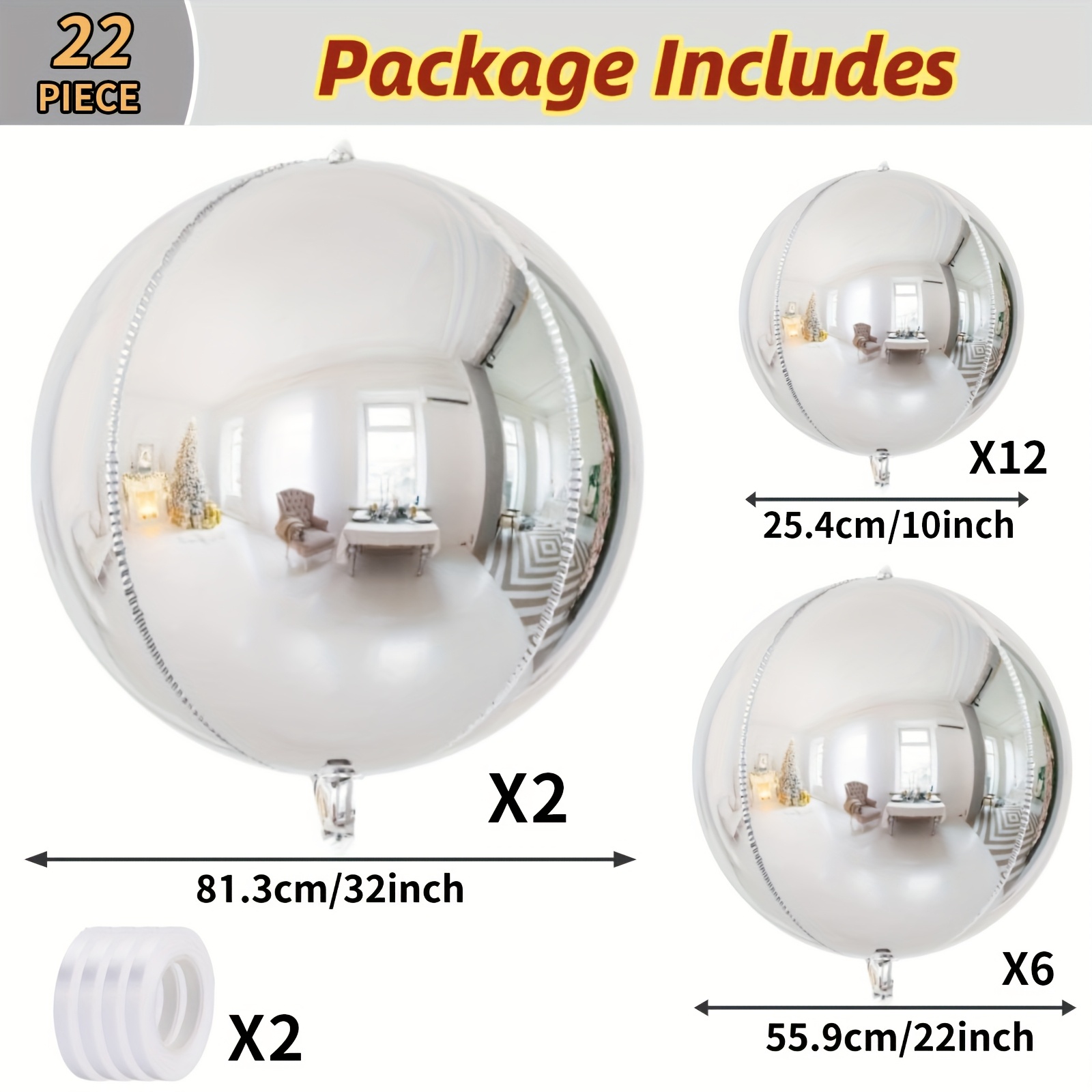 22pcs 4d Round Foil Balloons - Bright Balloons, Silver Balloons, Perfect For Celebrations