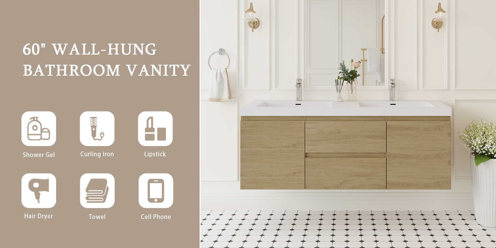 60 modern floating wall mounted bathroom vanity with double sink natural oak wood large storage soft close drawers   white resin countertop sink space saving design   faucet drain not included Product details 0
