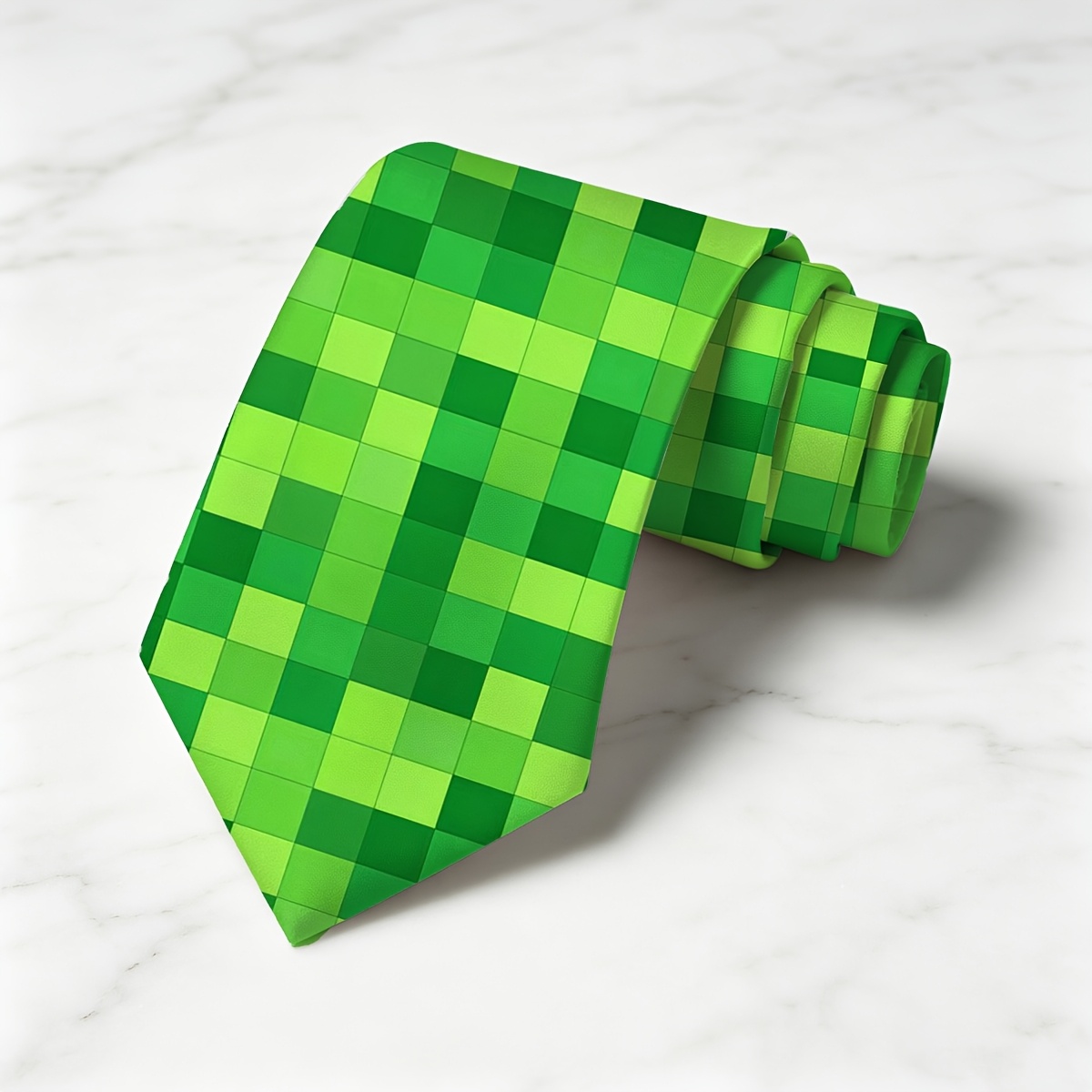 TEMU 1pc, Green Pixel Block Spliced 2d Print Fashion Men's Tie, Soft Fabric, Machine Washable, Suitable For Weddings, Parties, Casual Wear -