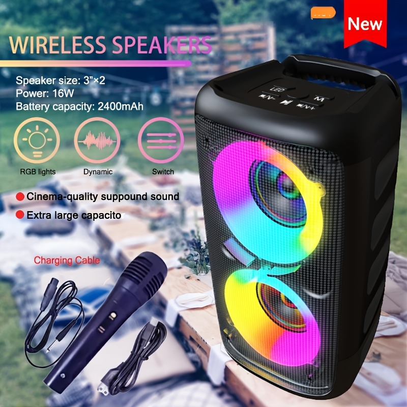 Image of New Wireless Speaker With 1 Microphone, Subwoofer, Large Speaker, Stereo Speaker, Subwoofer, Outdoor Wireless Speaker With Party Disco Lights, 2400mah Battery, Tws, Tf, Aux, Mic