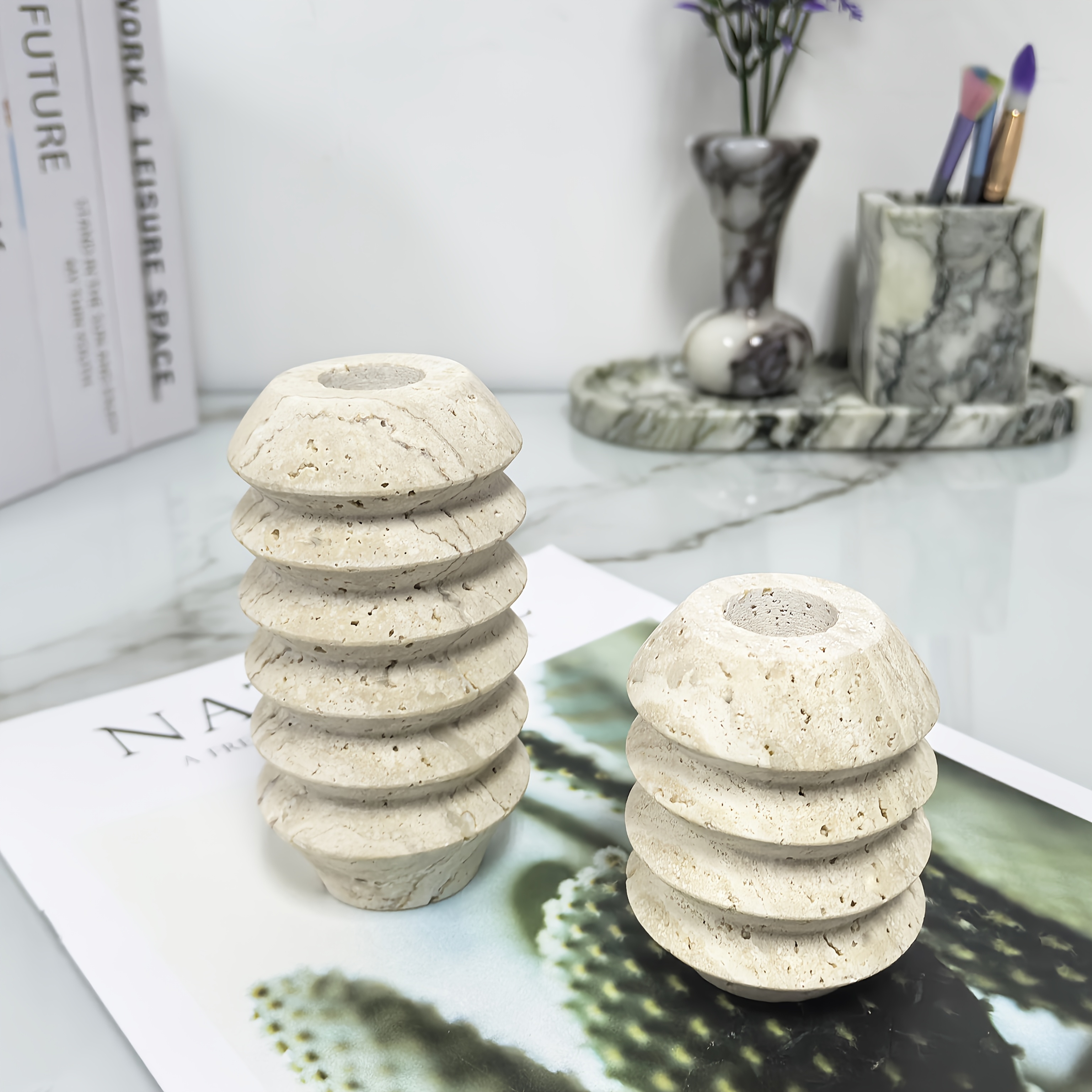 One Natural Marble Candle Holder | Classic Roman Travertine Candle Stand, High Aesthetic Craft Decor, Suitable For Home And Commercial Use, Weddings, Parties, Festivals Perfect Decoration