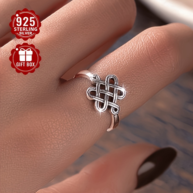 S925 Sterling Silvery Lucky Chinese Knot Adjustable Ring