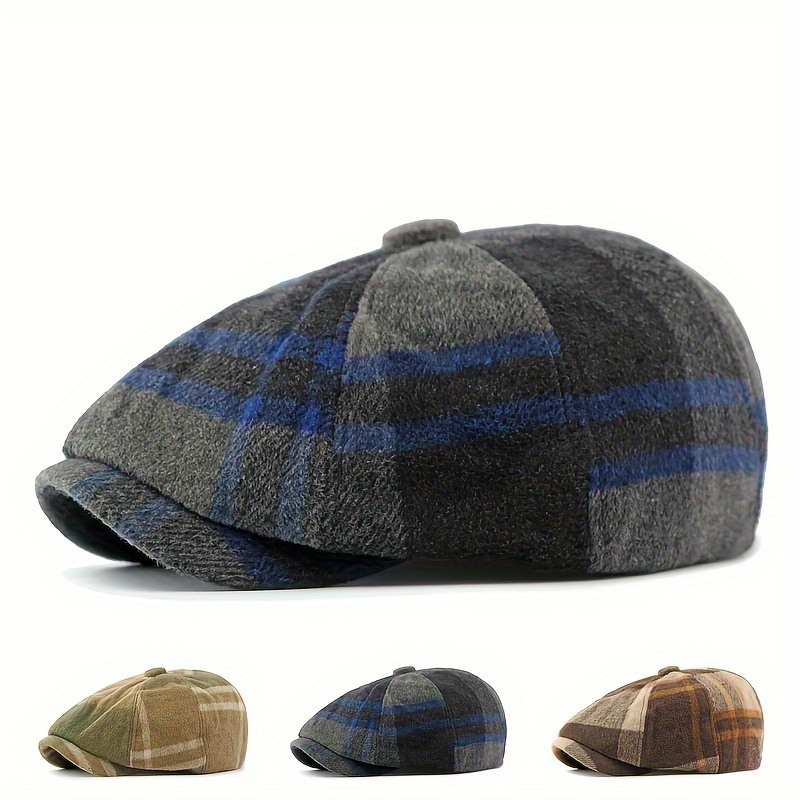 

Chapeau Octogonal Automne Nouveau Tweed Rétro à Carreaux Femme Décontracté Chapeau de Homme Chapeau de Peintre