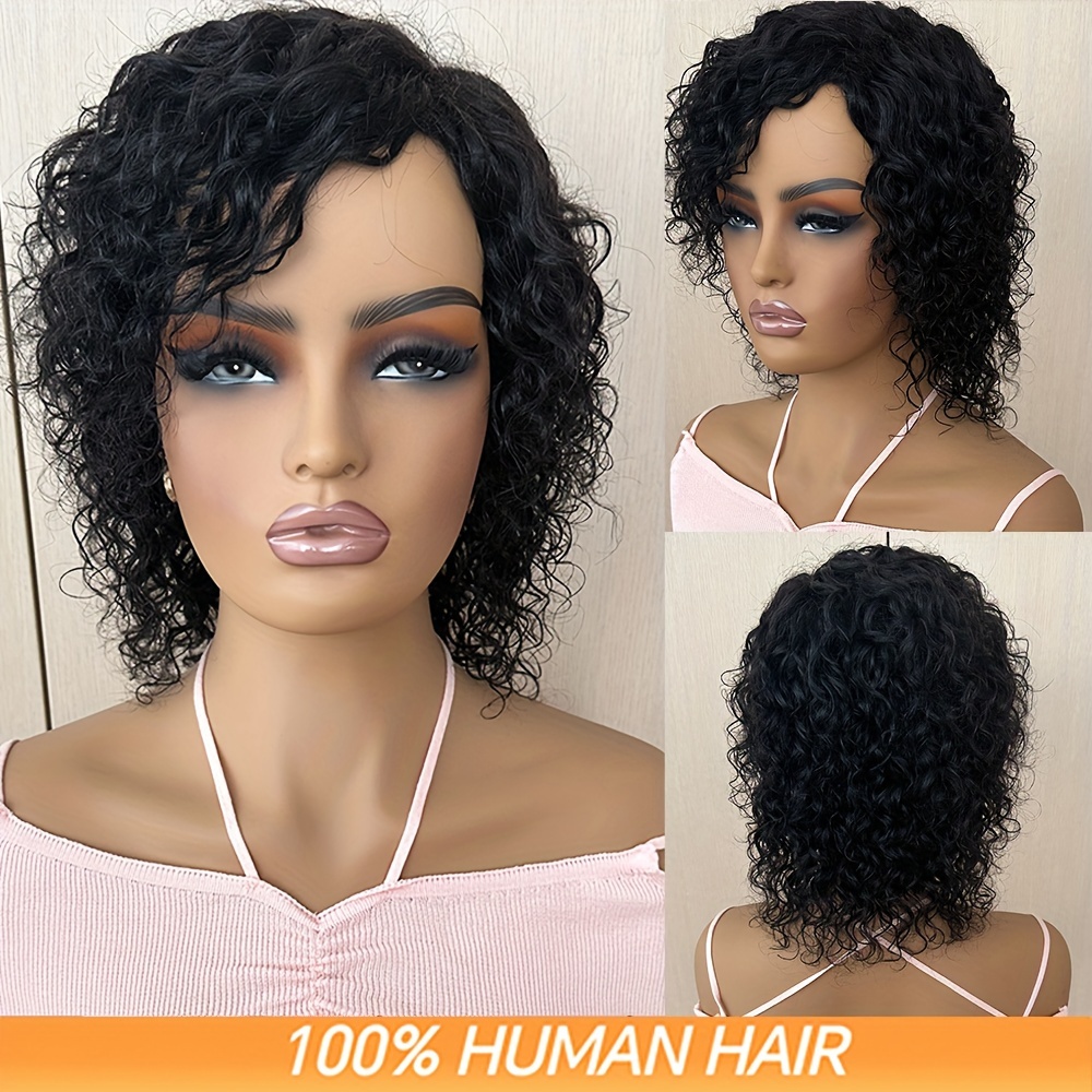 

100% Brazilian Human Hair Wigs, Short Curly Cut, Full Machine Made, No Lace, Unisex, Rose Cap, 150% Density, Curly Wave Style, For All