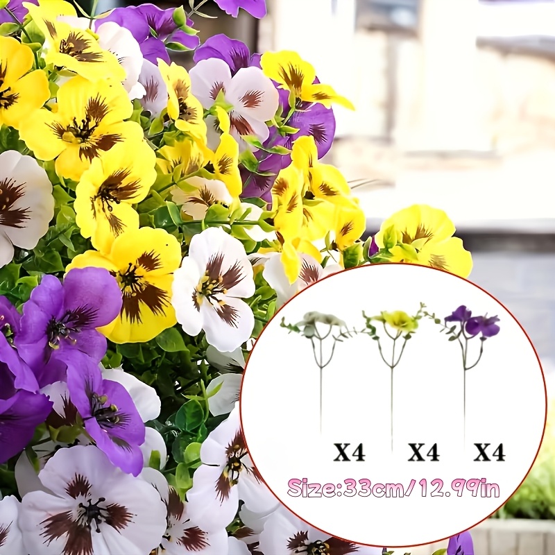 Image of 12pcs Mixed Violet, Yellow, And White Pansy Artificial Flowers | Ideal For Home Garden, Balcony, And Porch Decor, Plastic, No Needed, No Container Included