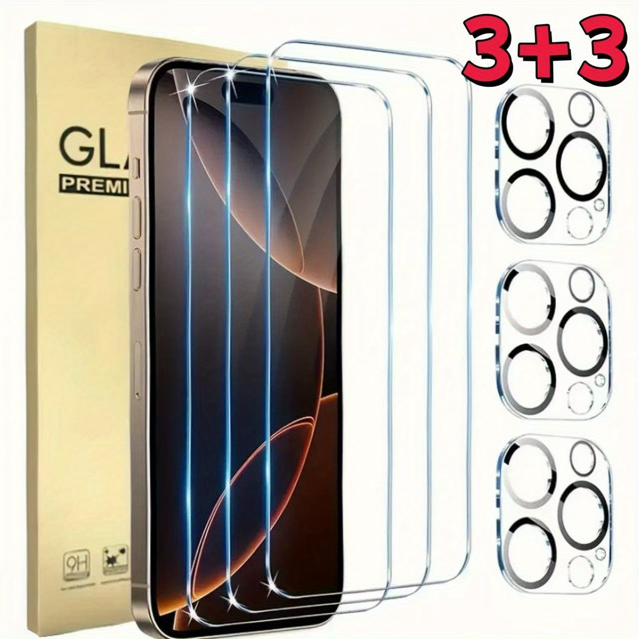E-shop 6 Stück 3+3 Stück für iPhone 12/13/14/15/16/17 Pro/Pro Max, Plus Modelle, Bildschirmschutz Kameralinsenschutz Vollständige Abdeckung Verstärktes
