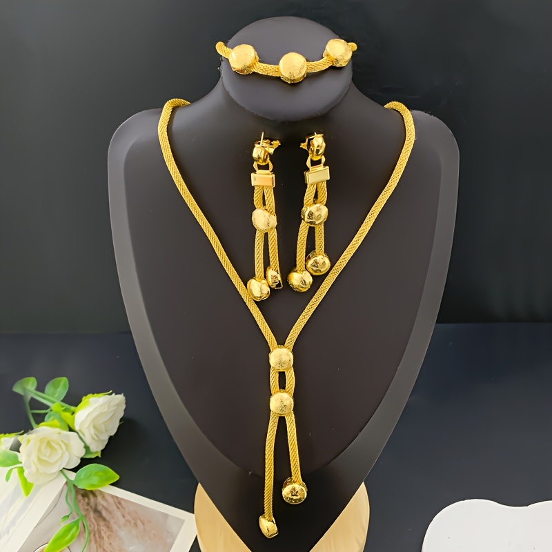 Image of Middle Eastern New 3pcs Set, Dangling Bead Earrings Necklace And Bracelet Traditional Bride Women's Jewelry Set, Suitable For Daily Party Wedding Accessories, Perfect Valentine's Day Gift