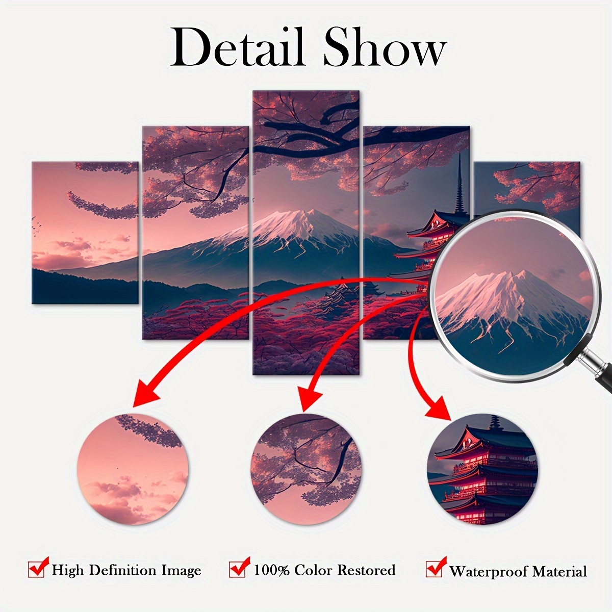 2D Plat 5 stuks Lijst Fuji Sneeuwberg Sakura Boom Canvas Poster