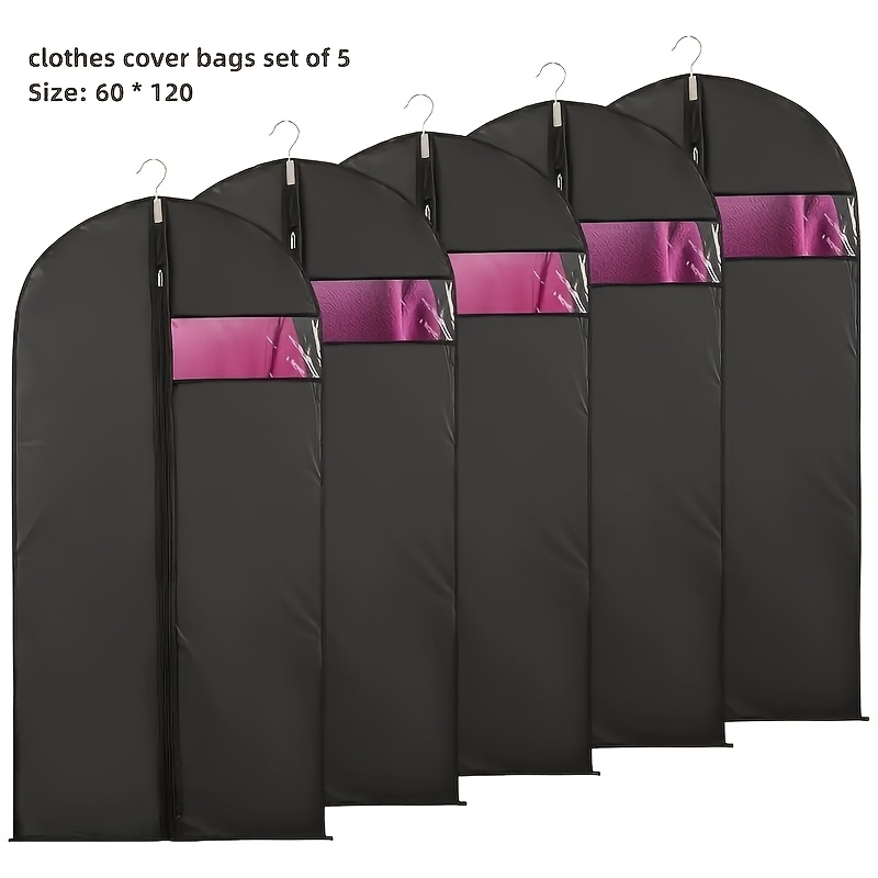 5pcs Black Washable Suit Covers with Transparent Windows for Shirts, Suits, Dresses – Multiple Sizes Up to 55" Length