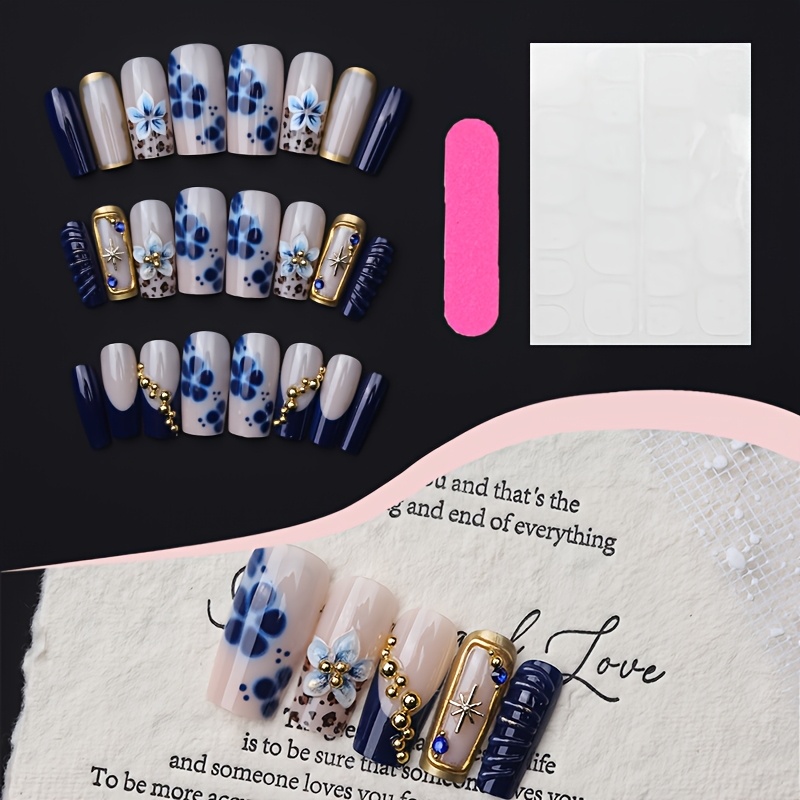 Image of 24pcs Medium-length Square Tip Press-on Nails, Blue And Golden Contrast Color False Nails With 3d Flower And Metal Stud Nail Art Patches, Mature And Elegant Style Nail Set