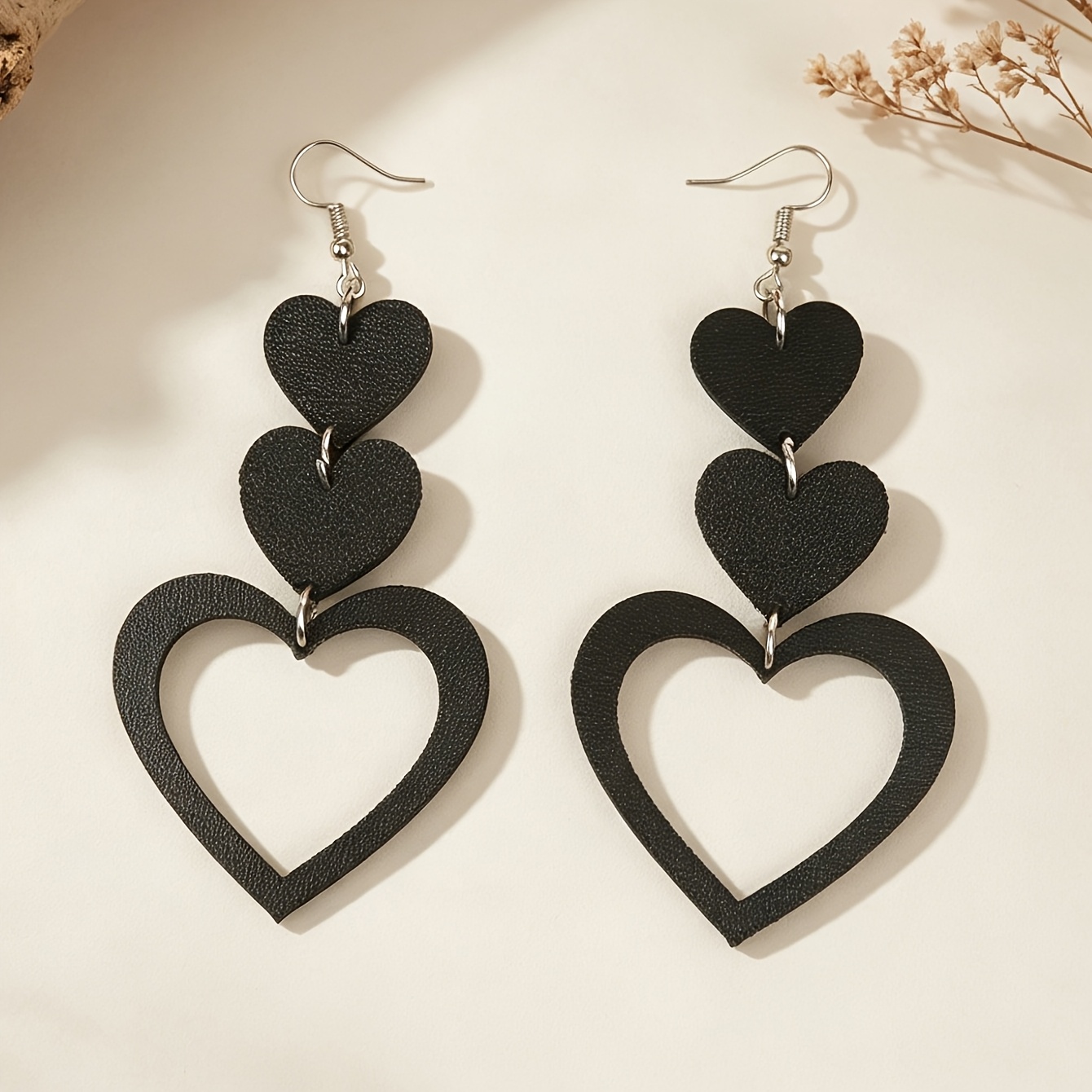 Women's Black Faux Leather Hollow Heart Earrings, Unique Design