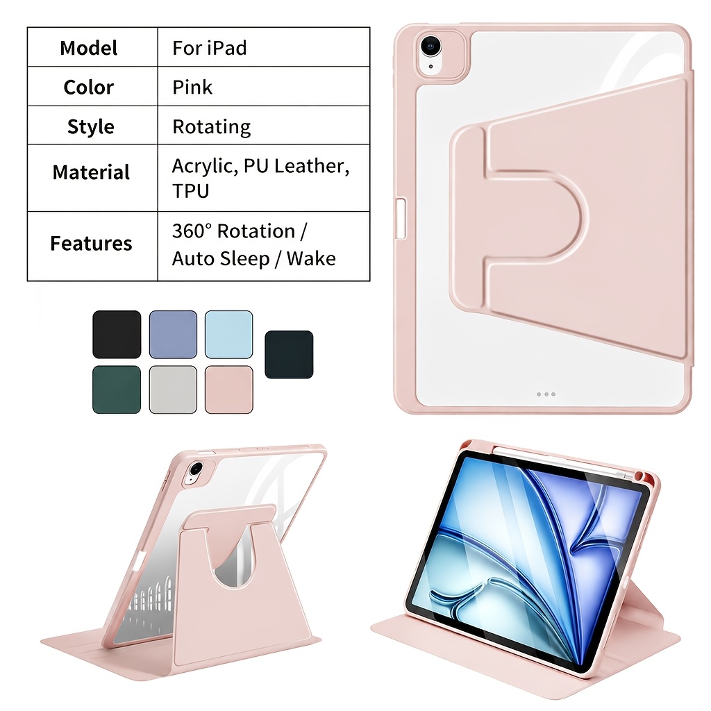 TEMU Étui de tablette rotatif à pour iPad 5-12ème génération, -8, Pro 9.7-12.9, Mini 6/7, avec fente pour crayon, /réveil automatique intelligent,