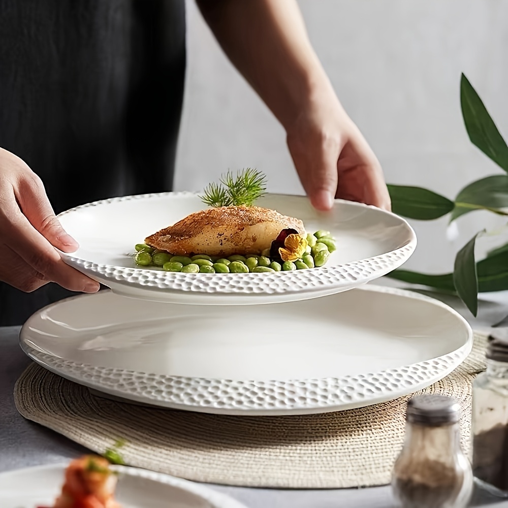 Hammered Edge Pure White Ceramic Dinner Plates, Nordic Ins Style Embossed Textured Plates, Multi-Size Flat Plates for Home, Steak Plates for Restaurant, Trendy Tableware Set