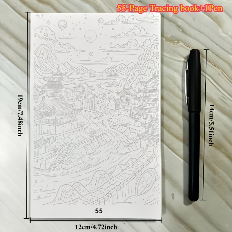 55-Page Art Tracing and Coloring Book with Pen
