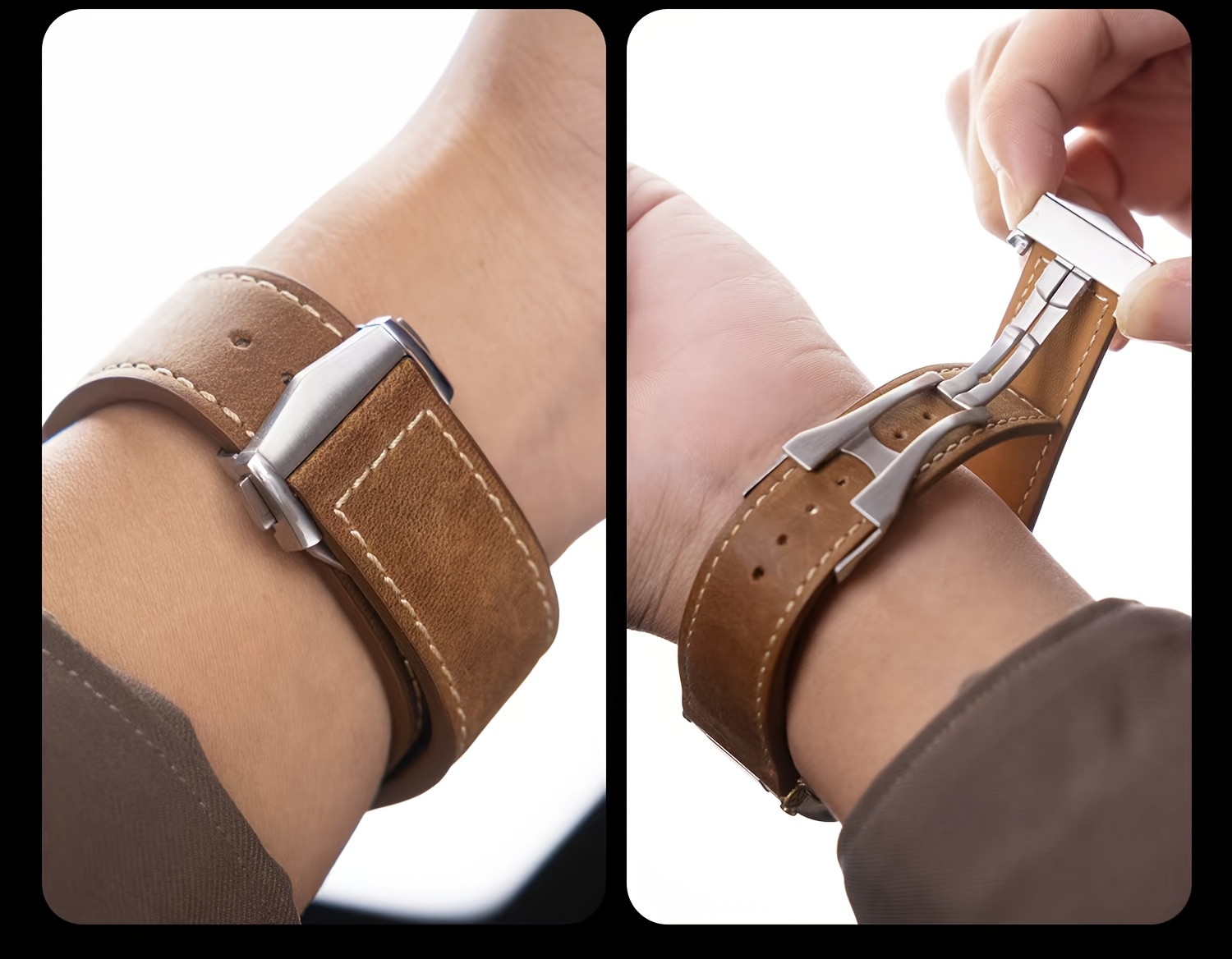Handmade Wild Horse from Cowhide Is Suitable for iWatch S11/ Ultra3. It Features a Stainless Steel Folding Buckle and a 316L Stainless Steel Connector with Golden Studs.