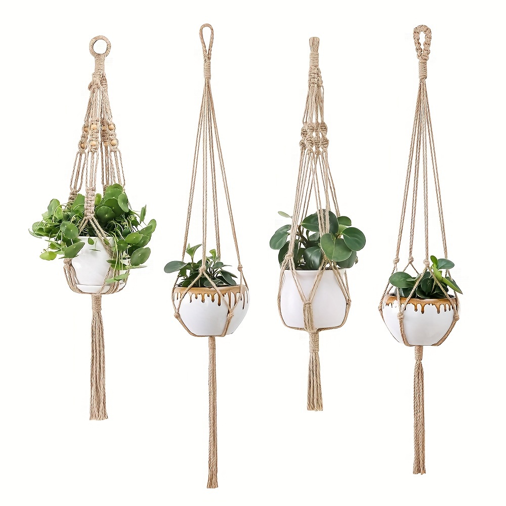 

4pcs Macrame Plant Hanger Indoor Hanging Planter Basket With Wood Beads Decorative Holder No Tassels For Indoor Outdoor Home Decor