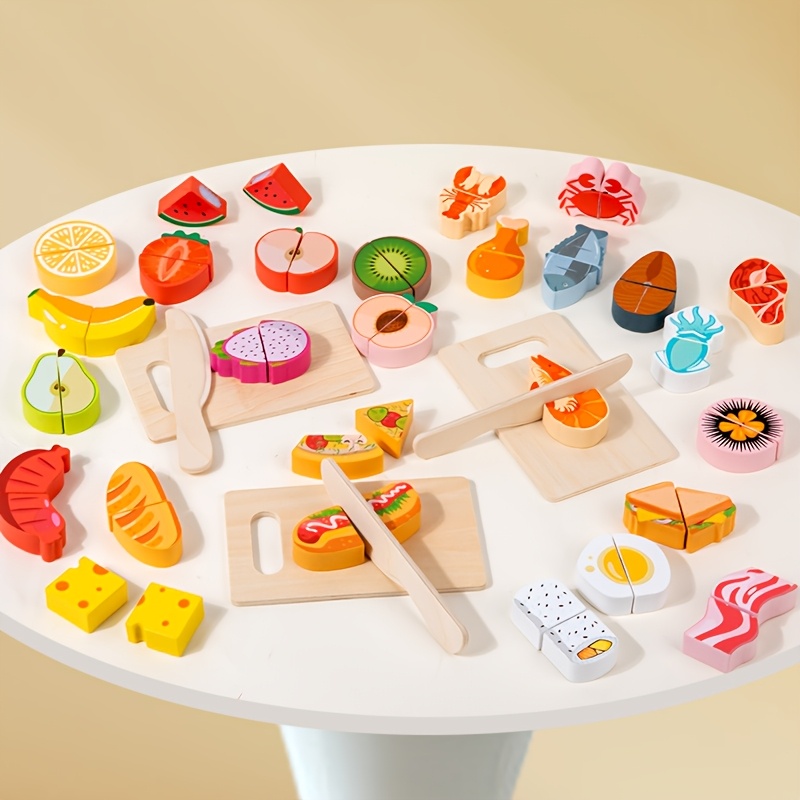 Wooden Pretend Play Fruit and Seafood Cutting Set Kitchen Role Playing Toy