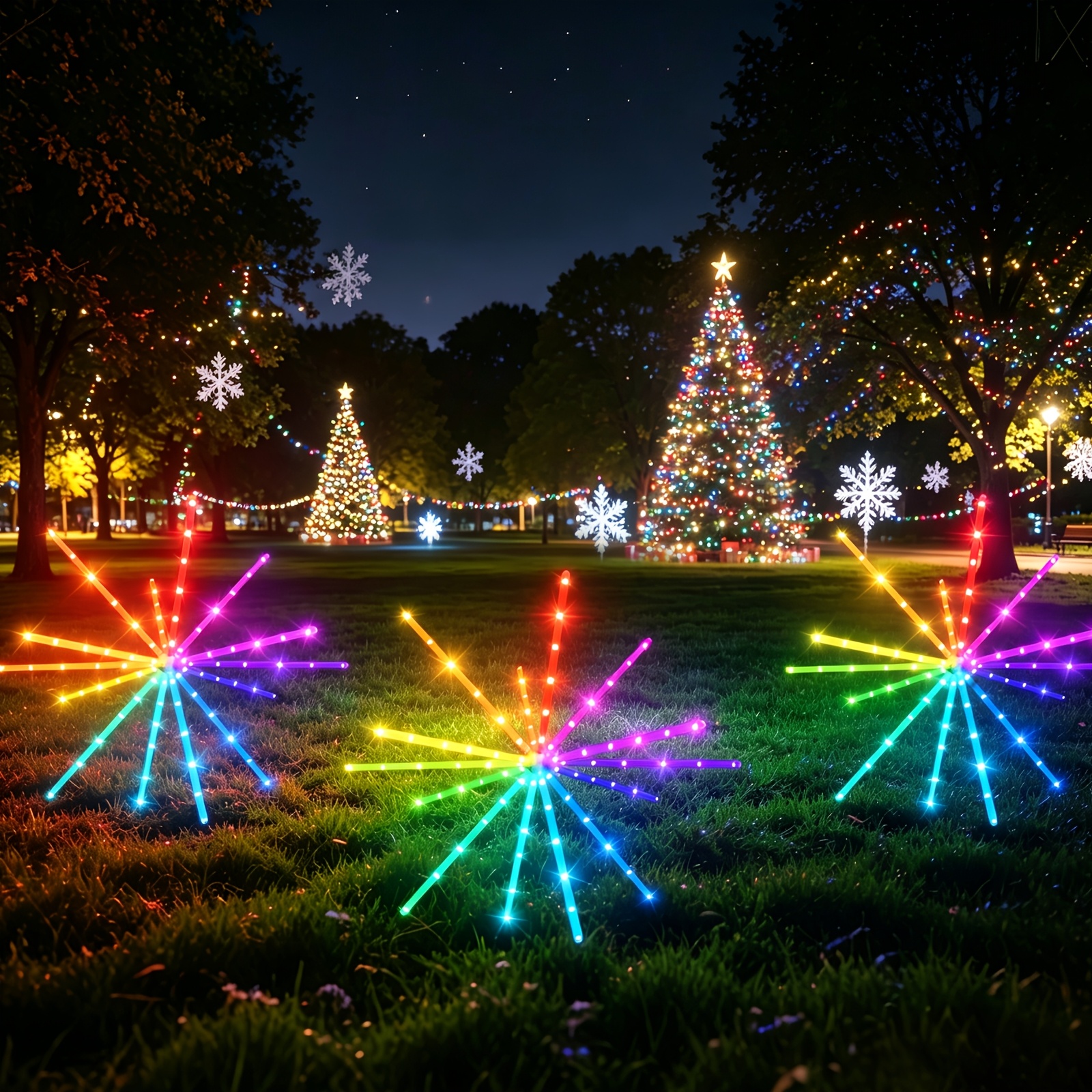 Image of Rgb Color-changing Starburst Fireworks Lights 2-pack Outdoor Christmas Decorations, Multicolor Star-shaped Fairy String Lights; Suitable For Parties, Bars, Gardens, And .