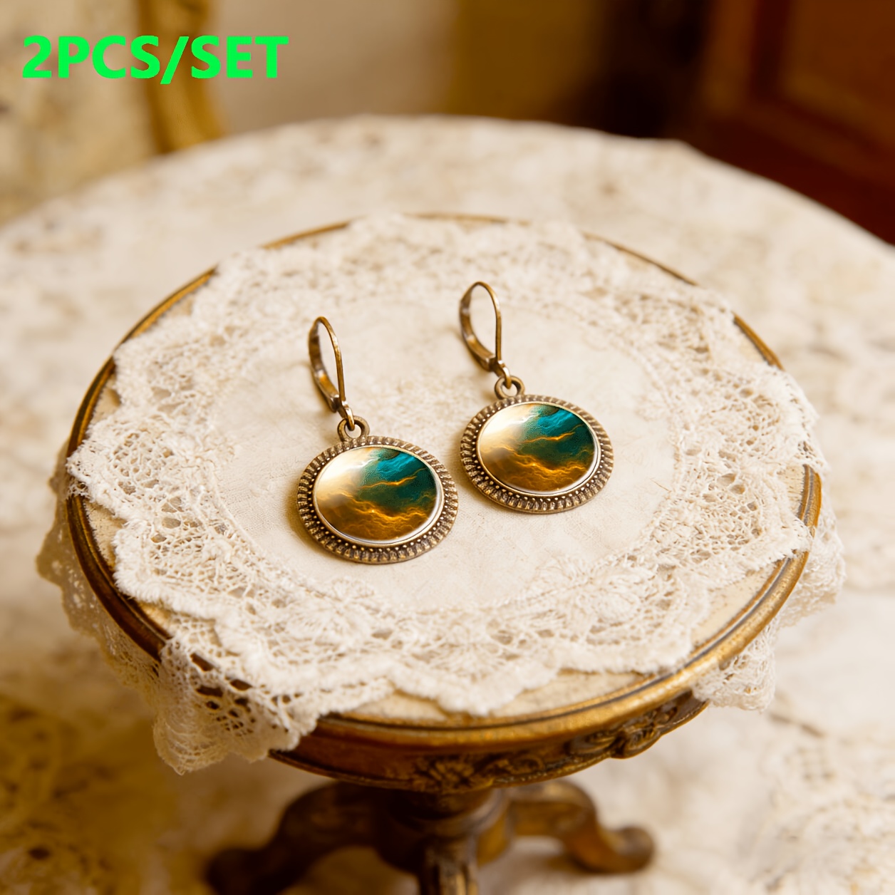 2pcs Teal Classic Drop Earrings Set, Colorful Circular Design